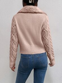 SHEIN Unity 麻花編織絨毛翻領開襟衫 - 藕粉色 - 查看 2