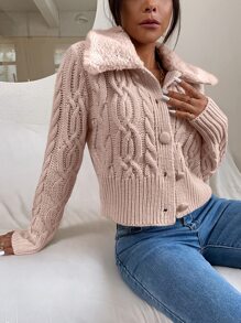 SHEIN Unity 麻花編織絨毛翻領開襟衫 - 藕粉色 - 查看 3