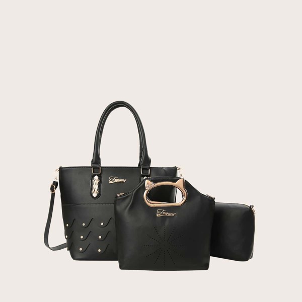 

3pcs Studded Decor Bucket Bag Set, Black