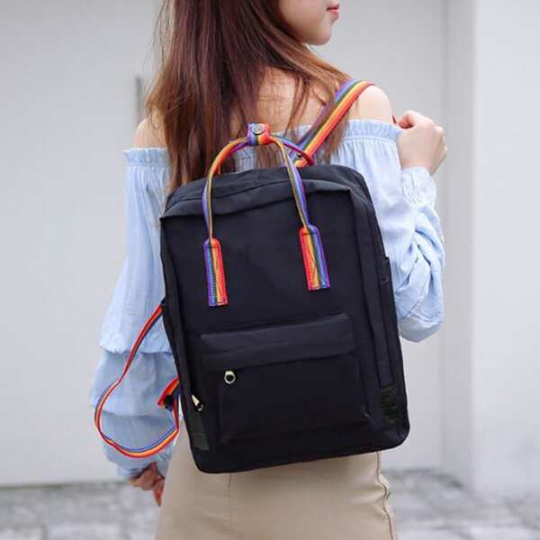 

Rainbow Striped Pattern Strap Functional Backpack, Black