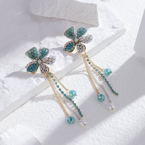 

14K Gold Plated Crystal Bead Decor Earrings, Blue