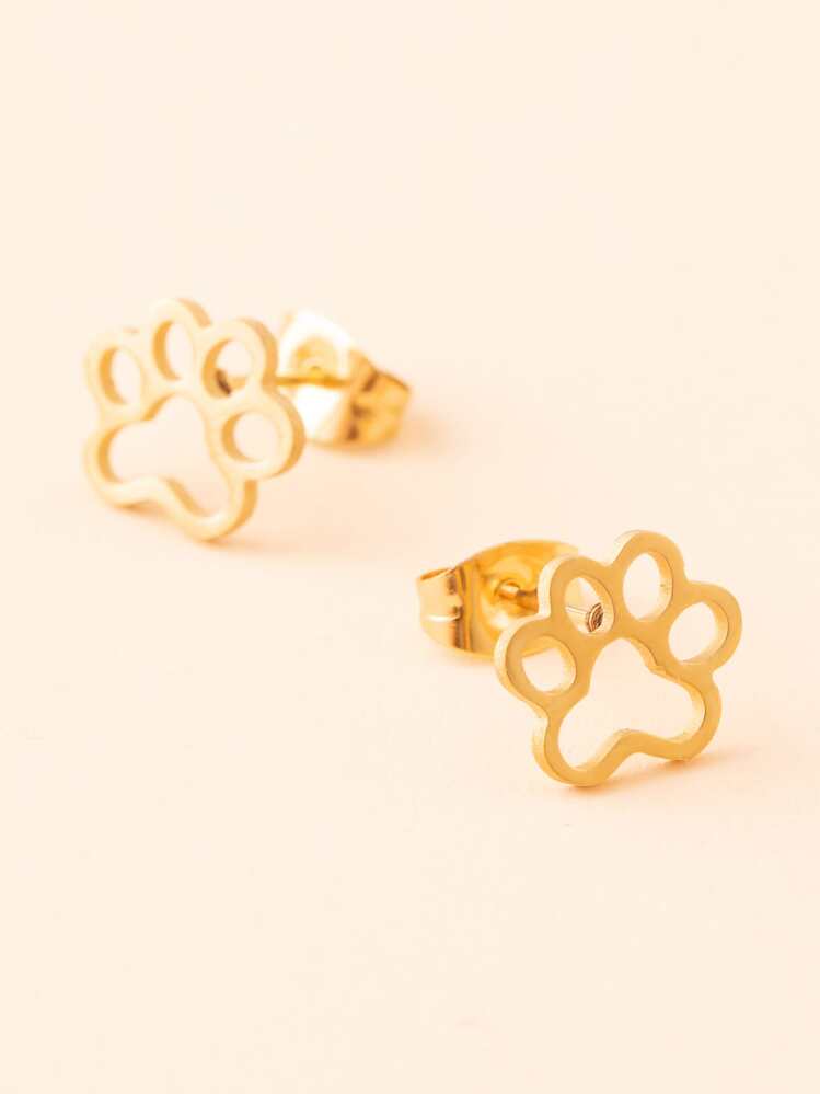 Stainless Steel Paw Stud Earrings - Yellow Gold - View 1