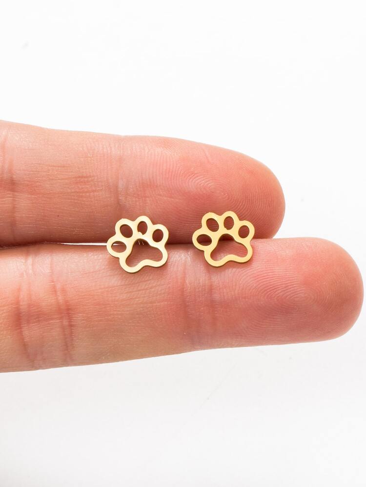 Stainless Steel Paw Stud Earrings - Yellow Gold - View 2