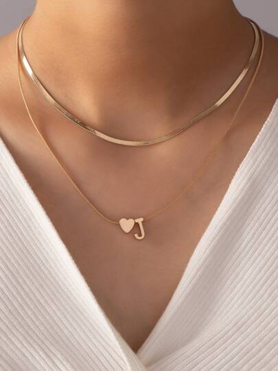 1入組字母和心形裝飾多層次項鍊銅首飾類