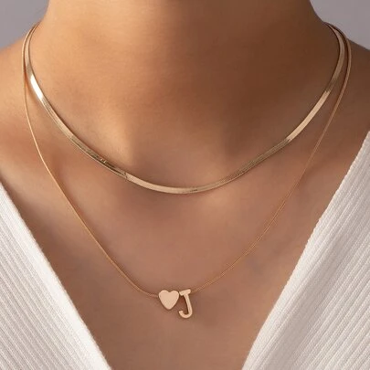 1入組字母和心形裝飾多層次項鍊銅首飾類