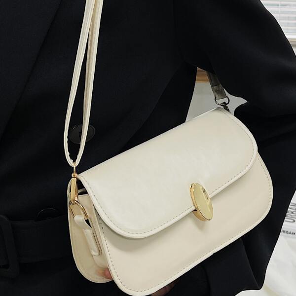 

Minimalist Metal Decor Flap Square Bag, White