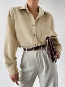 SHEIN Essnce Drop Shoulder Button Up Pocket Patched Cord Shirt - Khaki - View 1