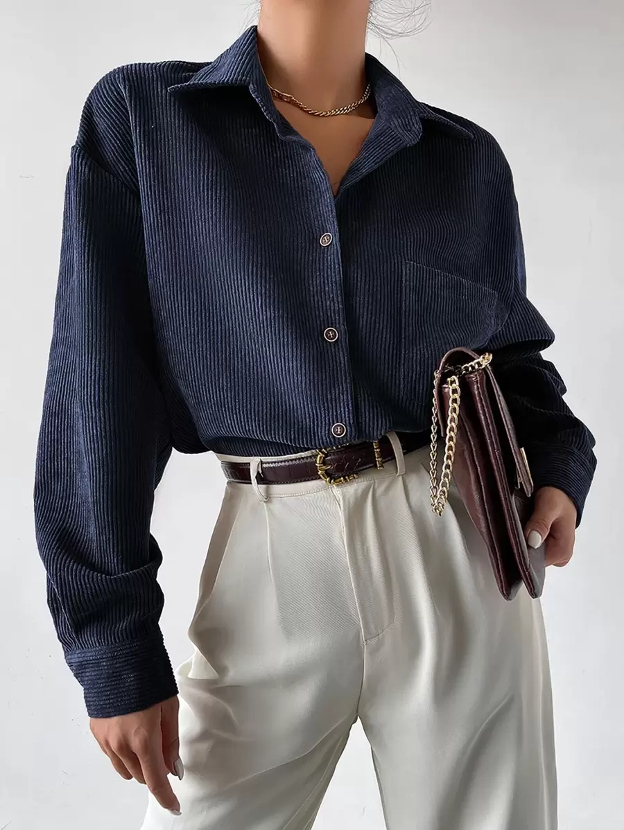 SHEIN Frenchy Drop Shoulder Button Up Pocket Patched Cord Shirt - Navy Blue - View 1