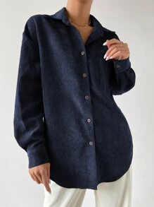 SHEIN Frenchy Drop Shoulder Button Up Pocket Patched Cord Shirt - Navy Blue - View 3