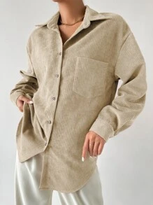 SHEIN Essnce Drop Shoulder Button Up Pocket Patched Cord Shirt - Khaki - View 3