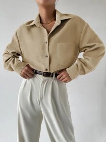 SHEIN Essnce Drop Shoulder Button Up Pocket Patched Cord Shirt - Khaki - View 4