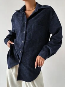 SHEIN Frenchy Drop Shoulder Button Up Pocket Patched Cord Shirt - Navy Blue - View 4