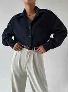 SHEIN Frenchy Drop Shoulder Button Up Pocket Patched Cord Shirt - Navy Blue - View 5