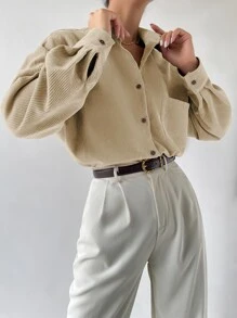SHEIN Essnce Drop Shoulder Button Up Pocket Patched Cord Shirt - Khaki - View 5