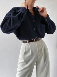 SHEIN Frenchy Drop Shoulder Button Up Pocket Patched Cord Shirt - Navy Blue - View 6