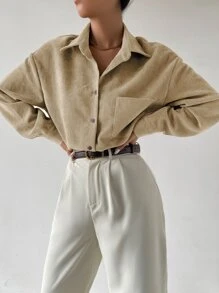 SHEIN Essnce Drop Shoulder Button Up Pocket Patched Cord Shirt - Khaki - View 6