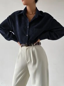 SHEIN Frenchy Drop Shoulder Button Up Pocket Patched Cord Shirt - Navy Blue - View 7