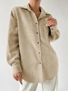 SHEIN Essnce Drop Shoulder Button Up Pocket Patched Cord Shirt - Khaki - View 7