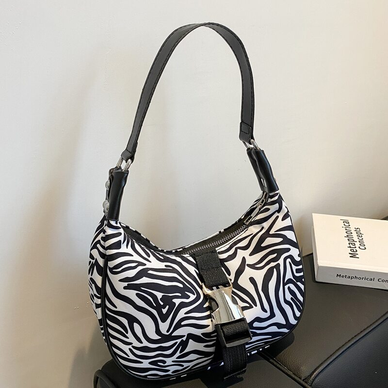 

Zebra Striped Shoulder Bag, Black and white