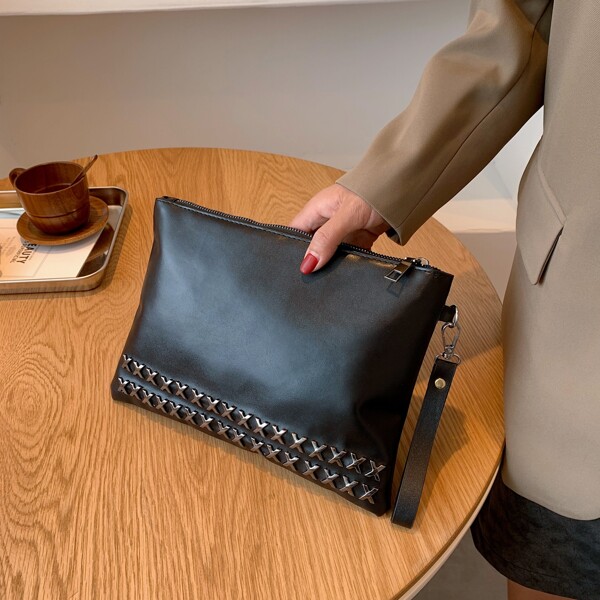 

Metal Decor Wristlet Bag, Black