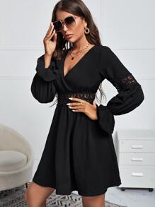 SHEIN Frenchy 水溶蕾絲拼接荷葉袖洋裝 - 黑色 - 查看 3