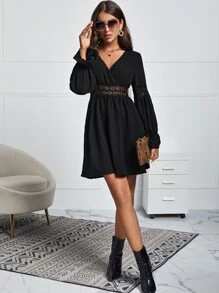 SHEIN Frenchy 水溶蕾絲拼接荷葉袖洋裝 - 黑色 - 查看 4