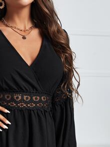 SHEIN Frenchy 水溶蕾絲拼接荷葉袖洋裝 - 黑色 - 查看 5