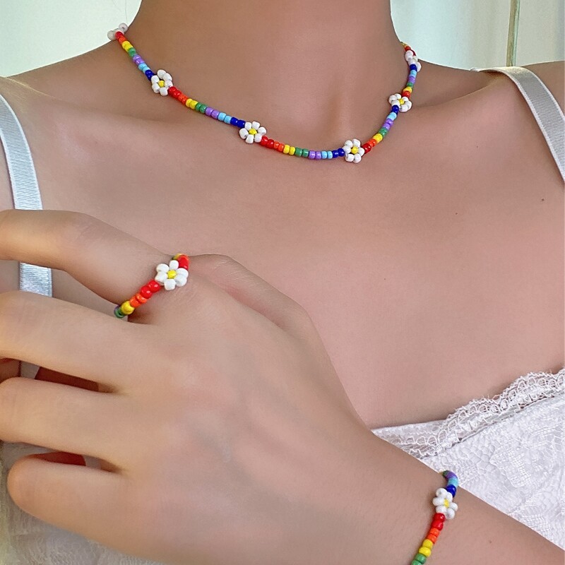 

1pc Floral Beaded Necklace & 1pc Bracelet & 1pc Ring, Multicolor