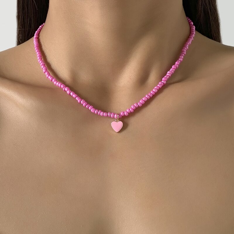 

Heart Pendant Beaded Necklace, Pink