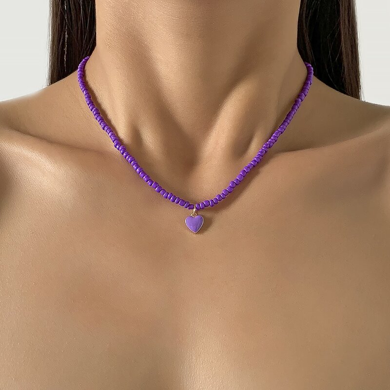 

Heart Pendant Beaded Necklace, Purple