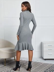 SHEIN Vestido de corte sirena unicolor de cuello cisne - Gris - Ver 2