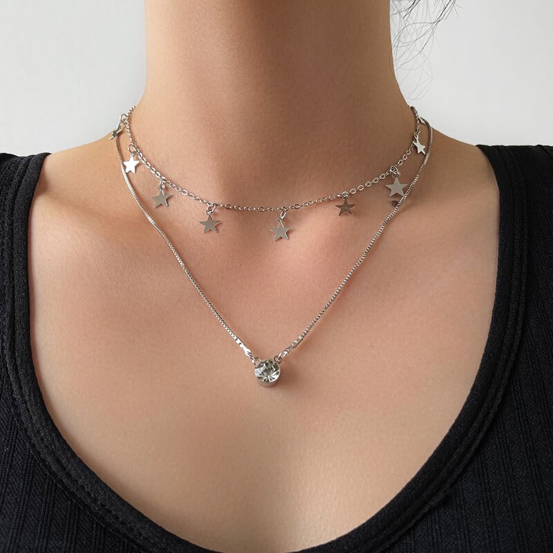 

Rhinestone Decor Layered Chain Necklace, Silver