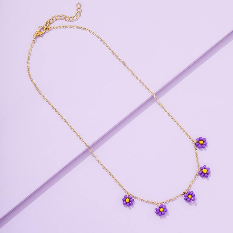 

Floral Beaded Chain Necklace, Purple