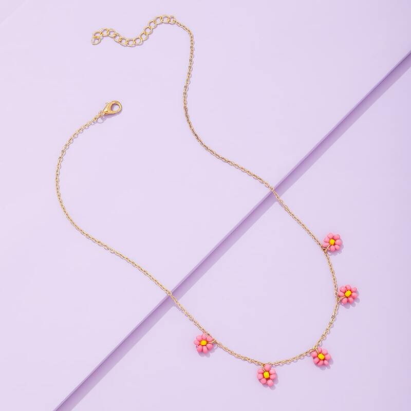 

Floral Beaded Chain Necklace, Pink