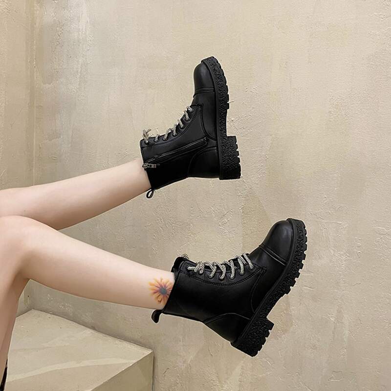 

Side Zipper Lace-up Front Platform Boots, Black