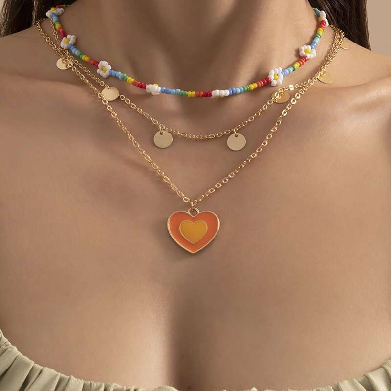 

3pcs Heart Pendant Chain Necklace, Multicolor
