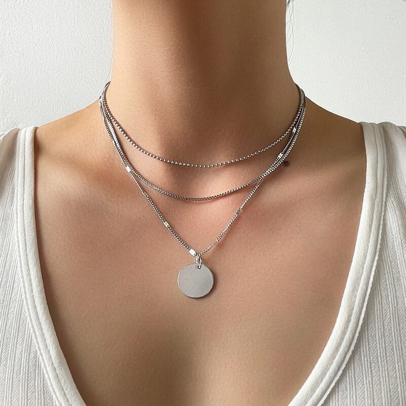 

Geo Pendant Layered Chain Necklace, Silver