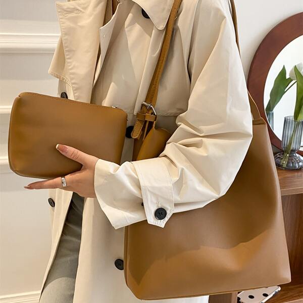 

Minimalist Shoulder Tote Bag With Inner Pouch, Brown