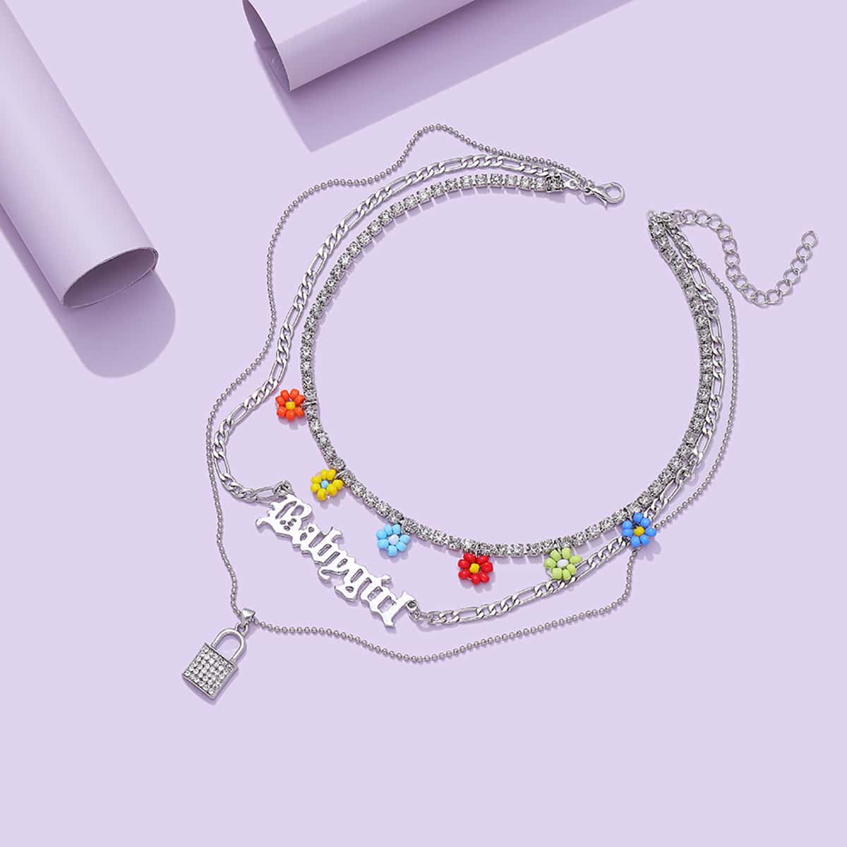 

Rhinestone Decor Layered Chain Necklace, Silver