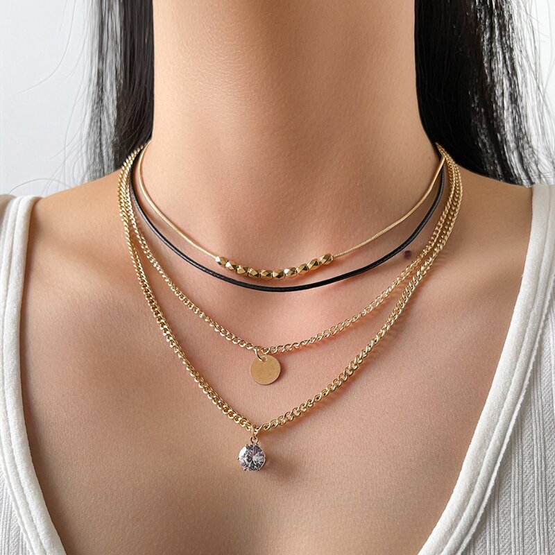 

2pcs Rhinestone Decor Chain Necklace, Gold