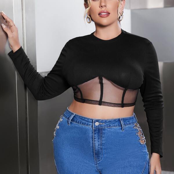 

Plus Contrast Mesh Crop Tee, Black