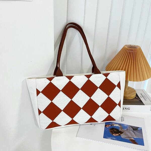 

Checkered Pattern Shoulder Tote Bag, Multicolor