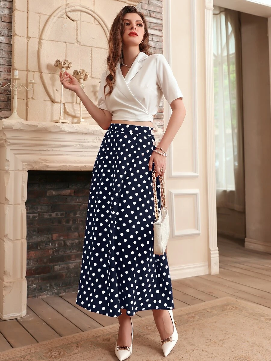 Modelyn Solid Wrap Lapel Neck Crop Top & Polka Dot Print Skirt Set - Blue and White - View 1