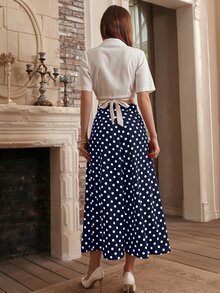 Modelyn Solid Wrap Lapel Neck Crop Top & Polka Dot Print Skirt Set - Blue and White - View 2