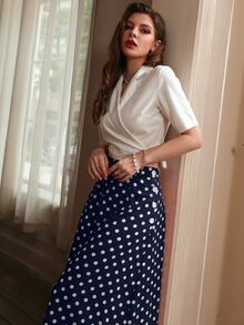 Modelyn Solid Wrap Lapel Neck Crop Top & Polka Dot Print Skirt Set - Blue and White - View 3