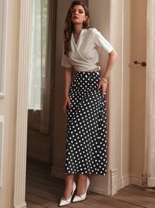 Solid Wrap Lapel Neck Crop Top & Polka Dot Print Skirt Set - Black and White - View 1