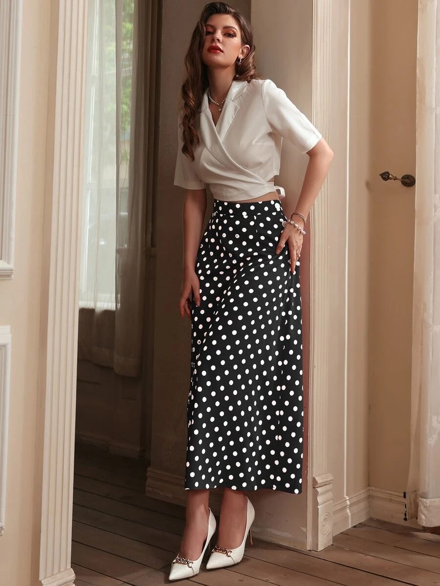 Solid Wrap Lapel Neck Crop Top & Polka Dot Print Skirt Set - Black and White - View 1