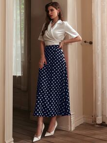 Modelyn Solid Wrap Lapel Neck Crop Top & Polka Dot Print Skirt Set - Blue and White - View 4