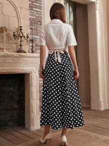 Solid Wrap Lapel Neck Crop Top & Polka Dot Print Skirt Set - Black and White - View 2