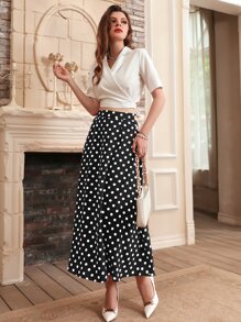 Solid Wrap Lapel Neck Crop Top & Polka Dot Print Skirt Set - Black and White - View 3